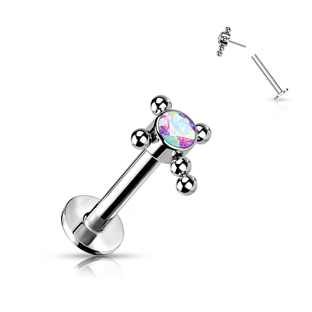 Titanio Labret Croce Zircone / Opale e Argento Push-In