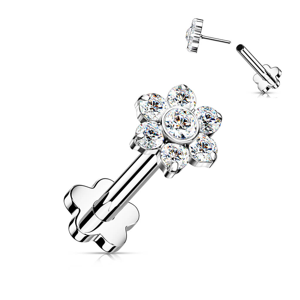 Titanium Labret Flower Zirconia Flower Base Push-In