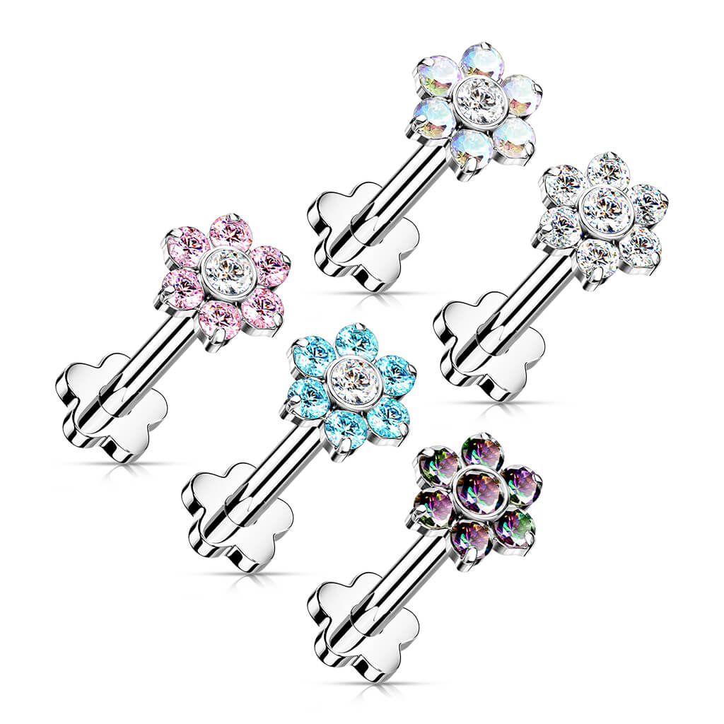 Titanium Labret Flower Zirconia Flower Base Push-In