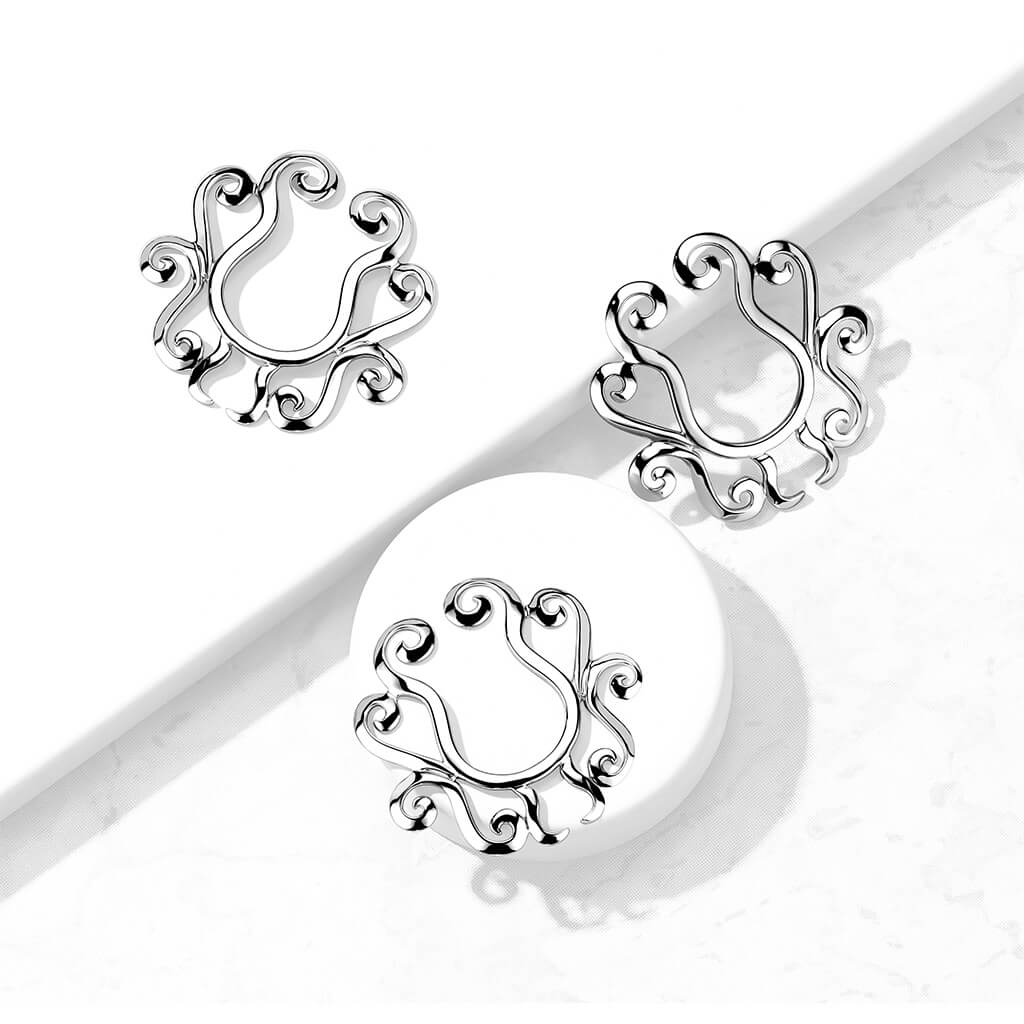 Fake Nipple Piercing Tribal Flower Silver Bendable