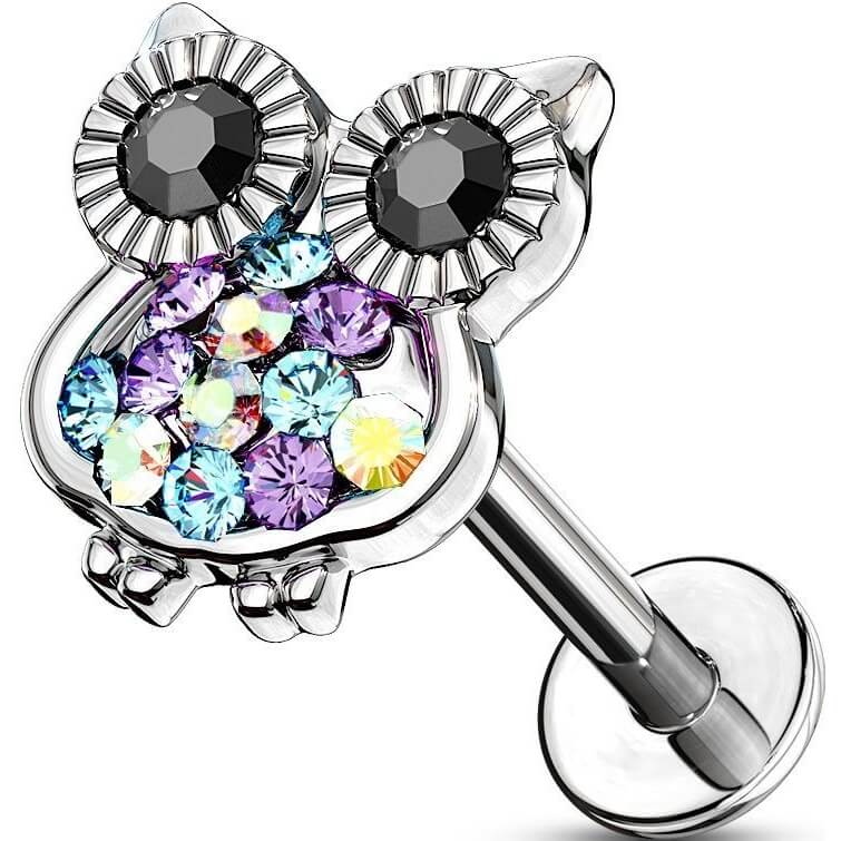 Labret Hibou Zircone Argent Filetage Interne