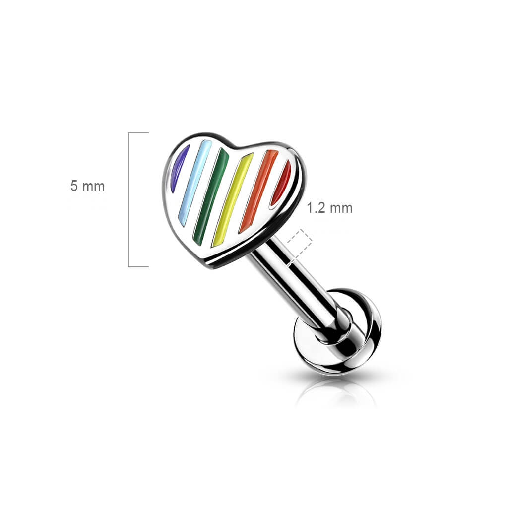 Labret Cœur Arc-En-Ciel Plat Argent Filetage Interne