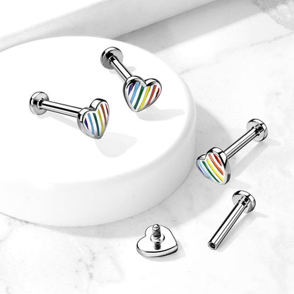 Labret Regenbogen Herz Flach Silber Innengewinde