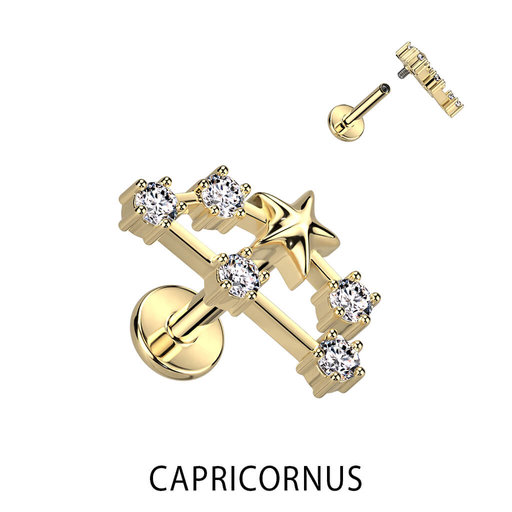 Labret Zodiac sign Zirconia Gold Internally Threaded