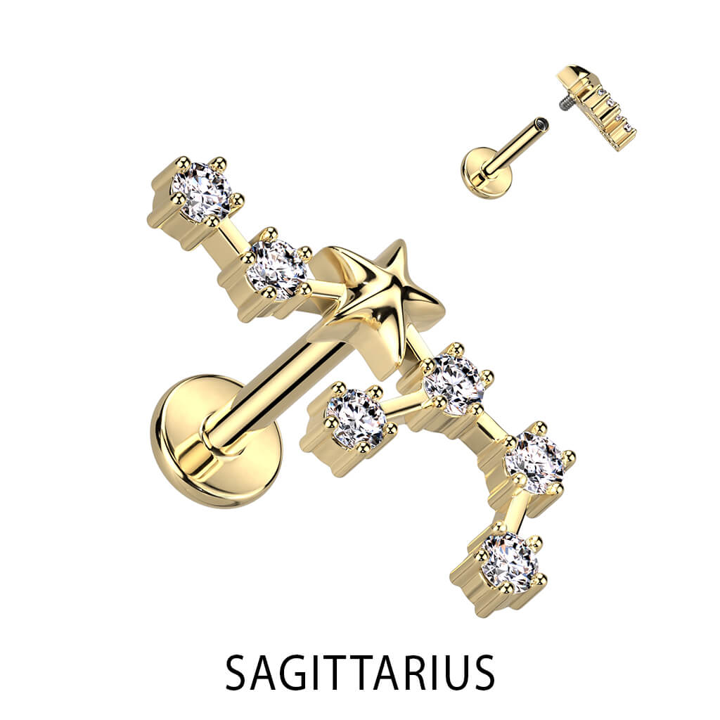 Labret Zodiac sign Zirconia Gold Internally Threaded