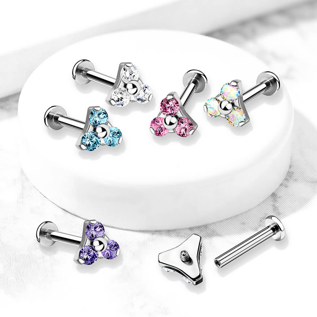 Labret Triangle Zircone Argent Filetage Interne