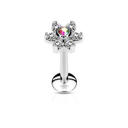 Labret Flower Zirconia Silver Internally Threaded