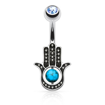 Piercing ombligo Hamsa turquesa Circonita