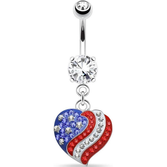 Piercing Nombril Pendentif Cœur Drapeau Americain Zircone Argent