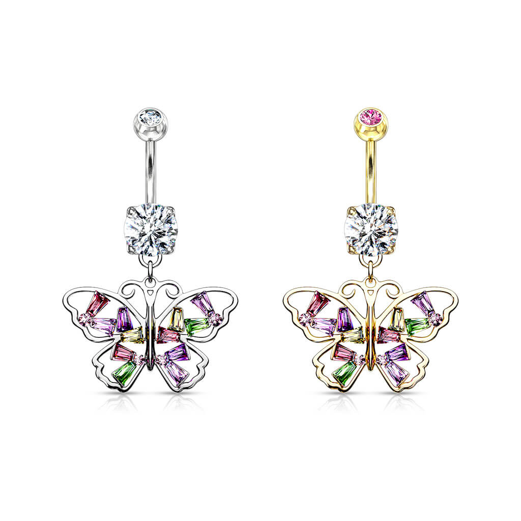 Piercing Nombril Pendentif Papillon Zircones Colorées