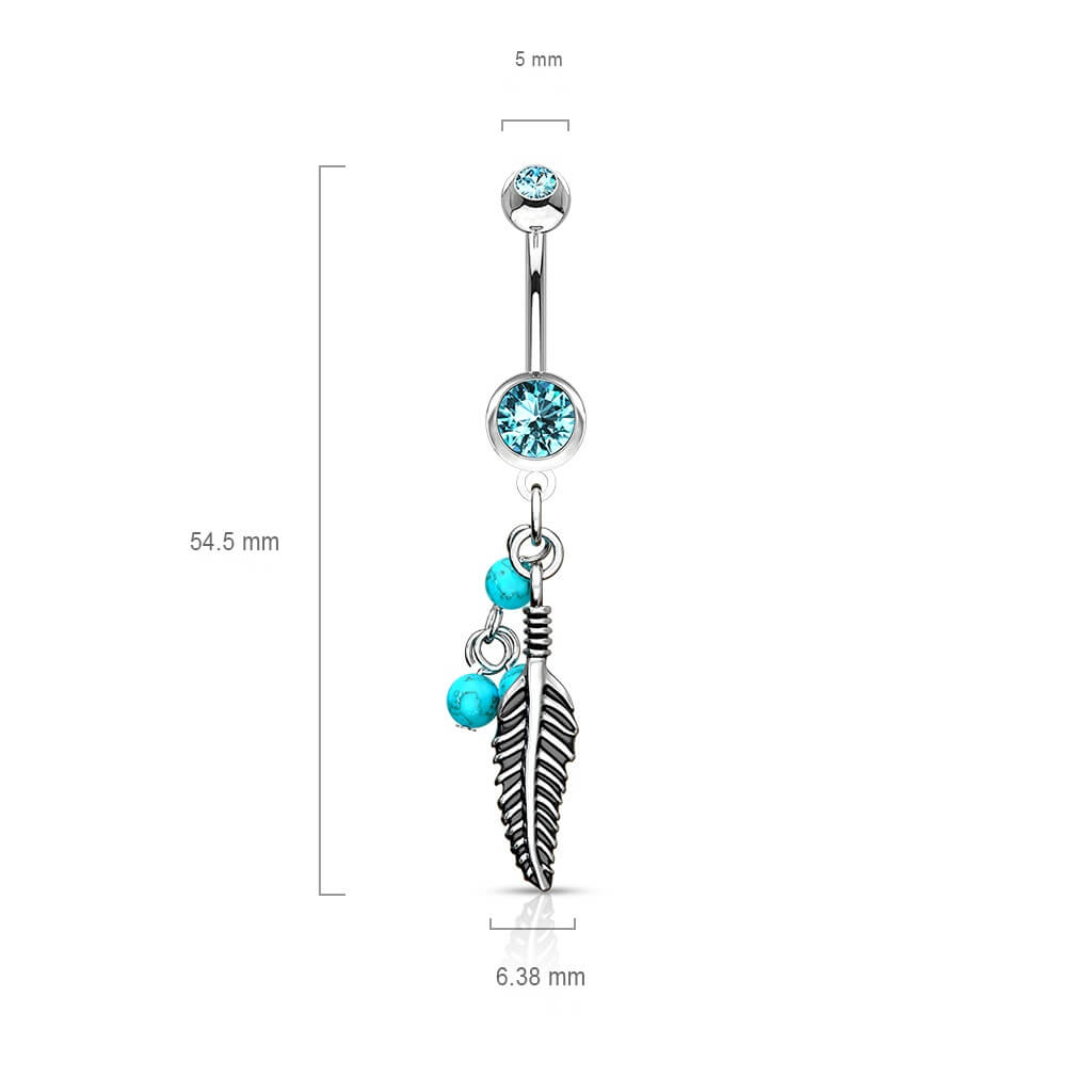 Piercing Nombril Pendentif Plume Turquoise Pierre Semi-Précieuse Zircone Argent