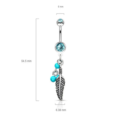 Belly Button Piercing Feather turquoise Semi-Precious Stone dangle Zirconia Silver