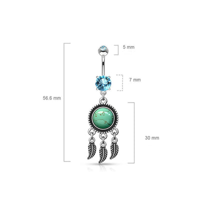 Piercing Nombril Attrape-Rêves Pierre Semi-Précieuse Turquoise Zircone Argent