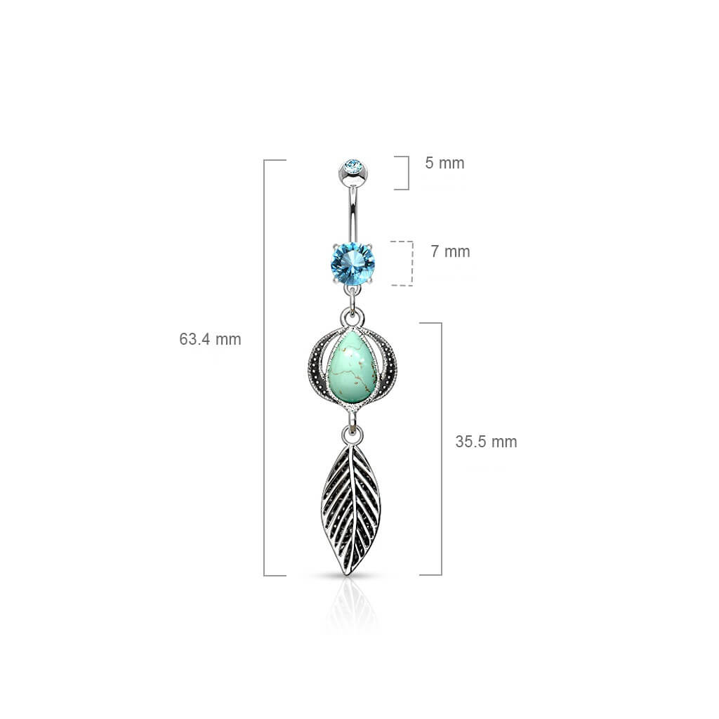 Piercing Nombril Pendentif Plume Pierre Semi-Précieuse Turquoise  Zircone Argent