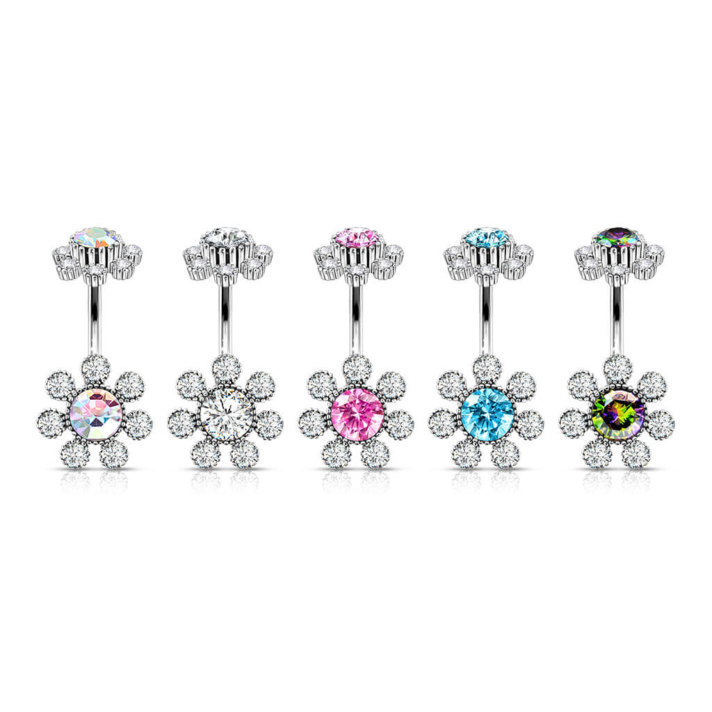 Piercing Nombril Fleur Zircone Argent Filetage Interne