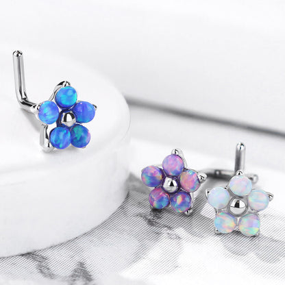 Nose L-Shape Flower Opal Silver