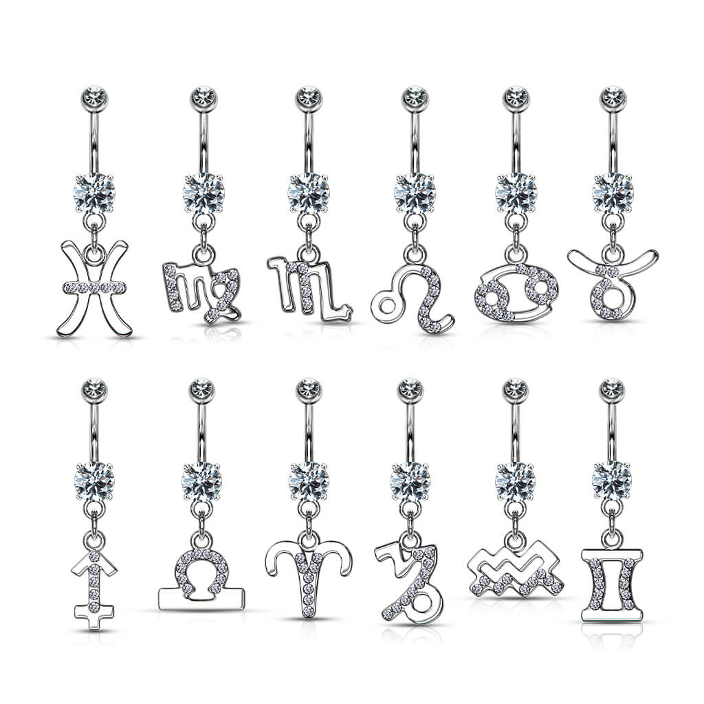 Belly Button Piercing Zodiac sign dangle Zirconia Silver