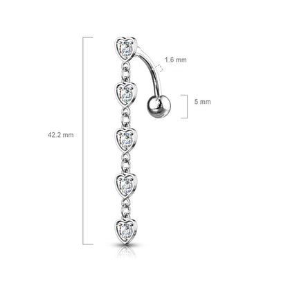 Piercing Ombelico Pendente di cuori zirconi e argento