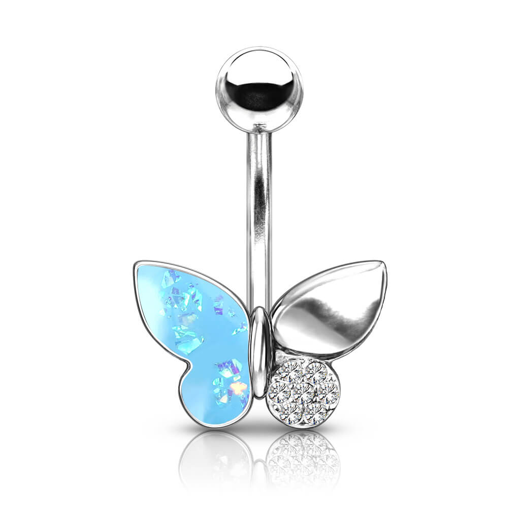 Belly Button Piercing Butterfly Zirconia Opal Silver