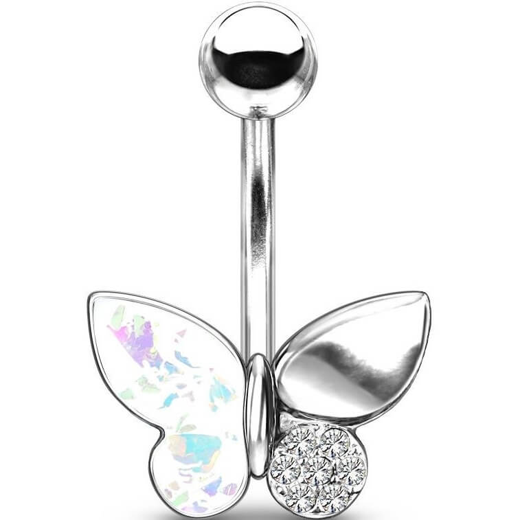 Belly Button Piercing Butterfly Zirconia Opal Silver