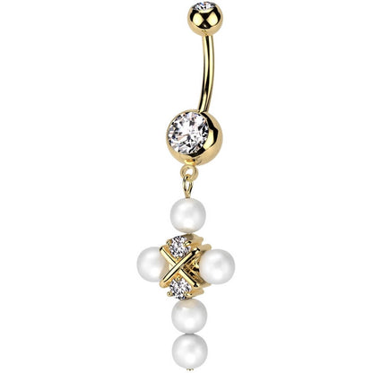 Belly Button Piercing cross dangle pearl zirconia