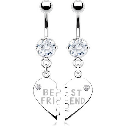 Piercing Ombelico Pendente con scritta BEST FRIEND a Cuore diviso con Zirconi