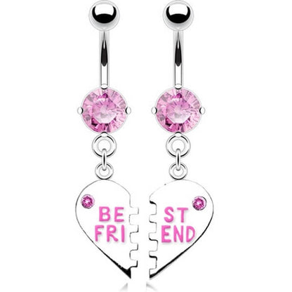 Piercing Ombelico Pendente con scritta BEST FRIEND a Cuore diviso con Zirconi