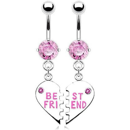 Piercing Ombelico Pendente con scritta BEST FRIEND a Cuore diviso con Zirconi