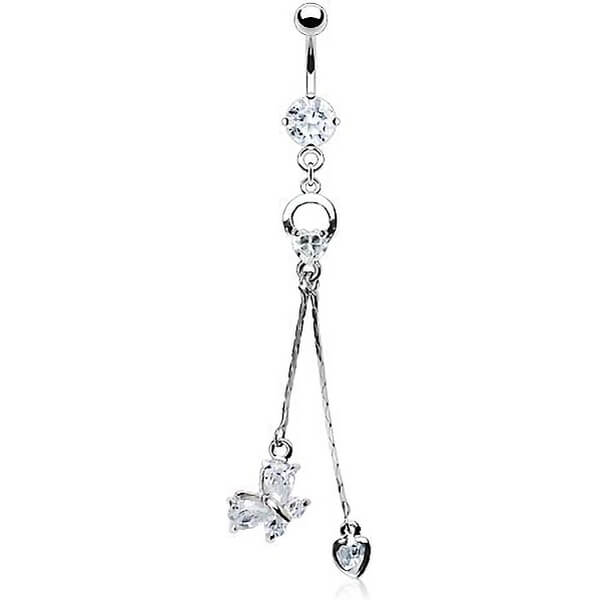 Belly Button Piercing Heart Butterfly dangle Zirconia Silver