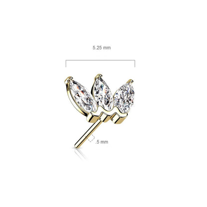 Solid Gold 14 Carat top 3 zirconias marquise cut Push-In