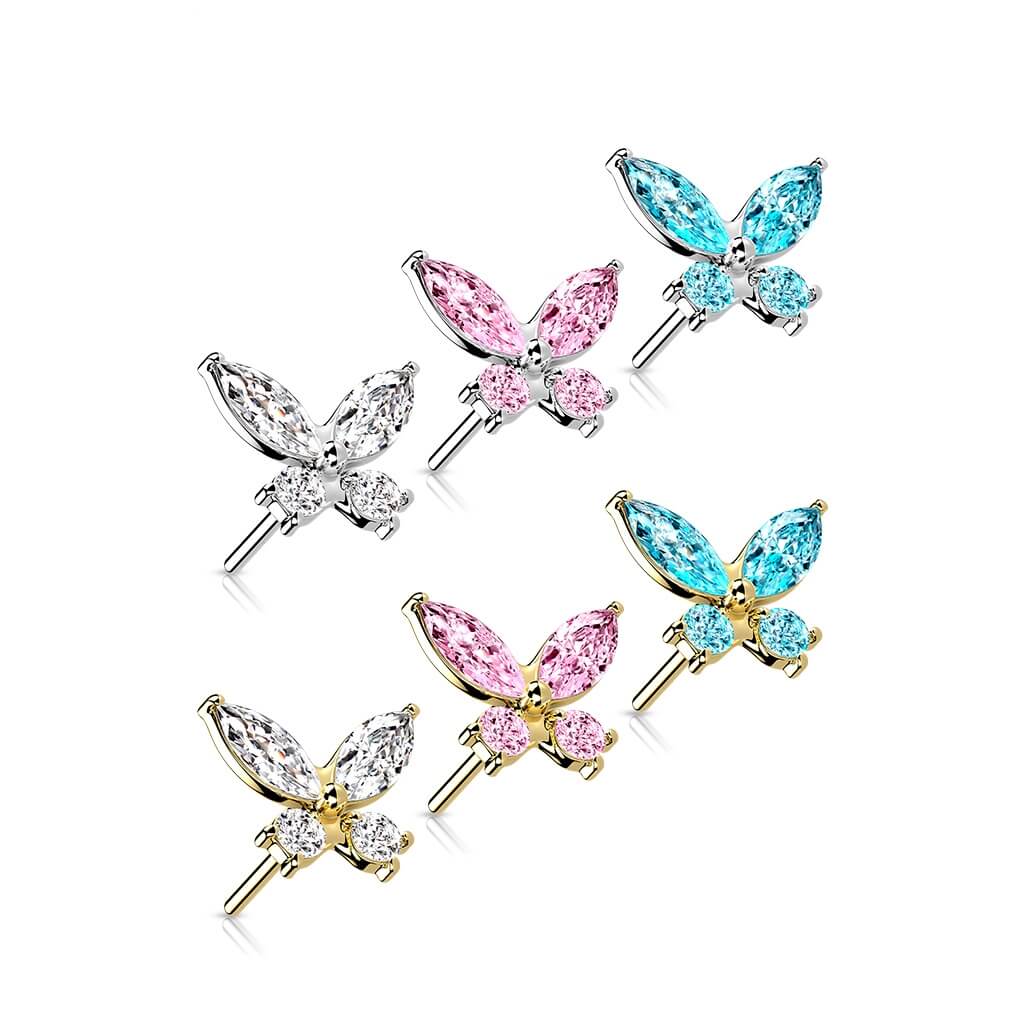 Solid Gold 14 Carat Top Butterfly Zirconia Push-In