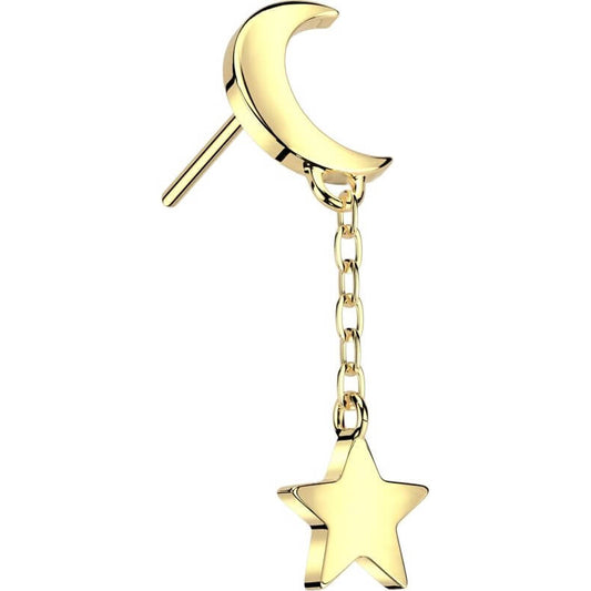 Or 14kt Embout Lune Pendentif Etoile Enfoncer