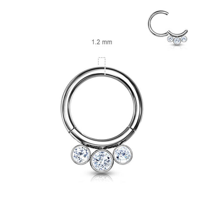 Titanio Anello Piercing Argento con 3 sfere di zircone Clicker