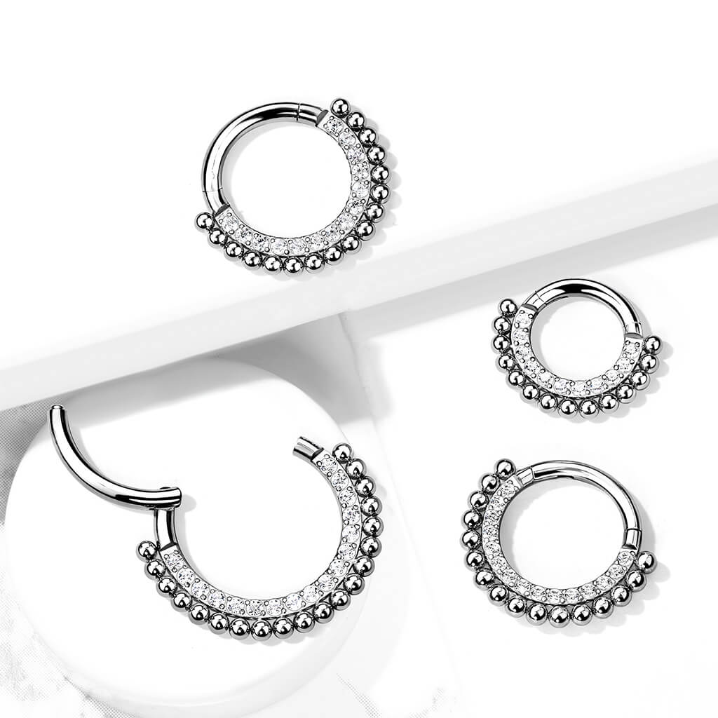 Titanio Anello Piercing Motivo a sfere d´argento e zirconi Clicker