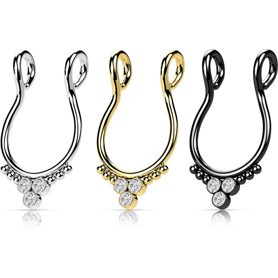 Fake Nose Piercing Septum Triangle 3 Zirconia Flat Bendable