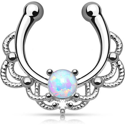 Fake Nose Piercing Septum Opal Round Silver Bendable