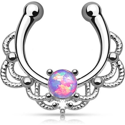 Fake Nose Piercing Septum Opal Round Silver Bendable