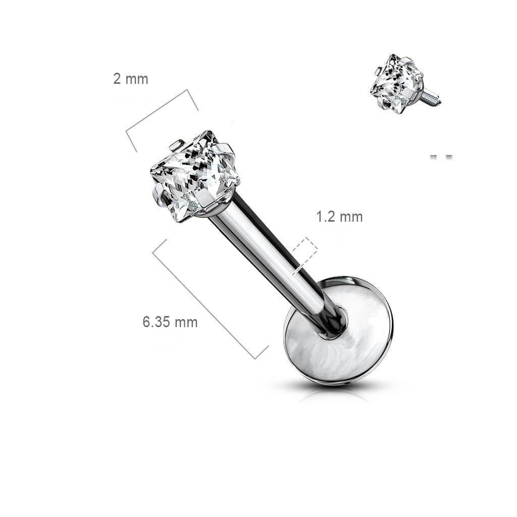 Titane Labret Zircone Carrée Argent Filetage Interne