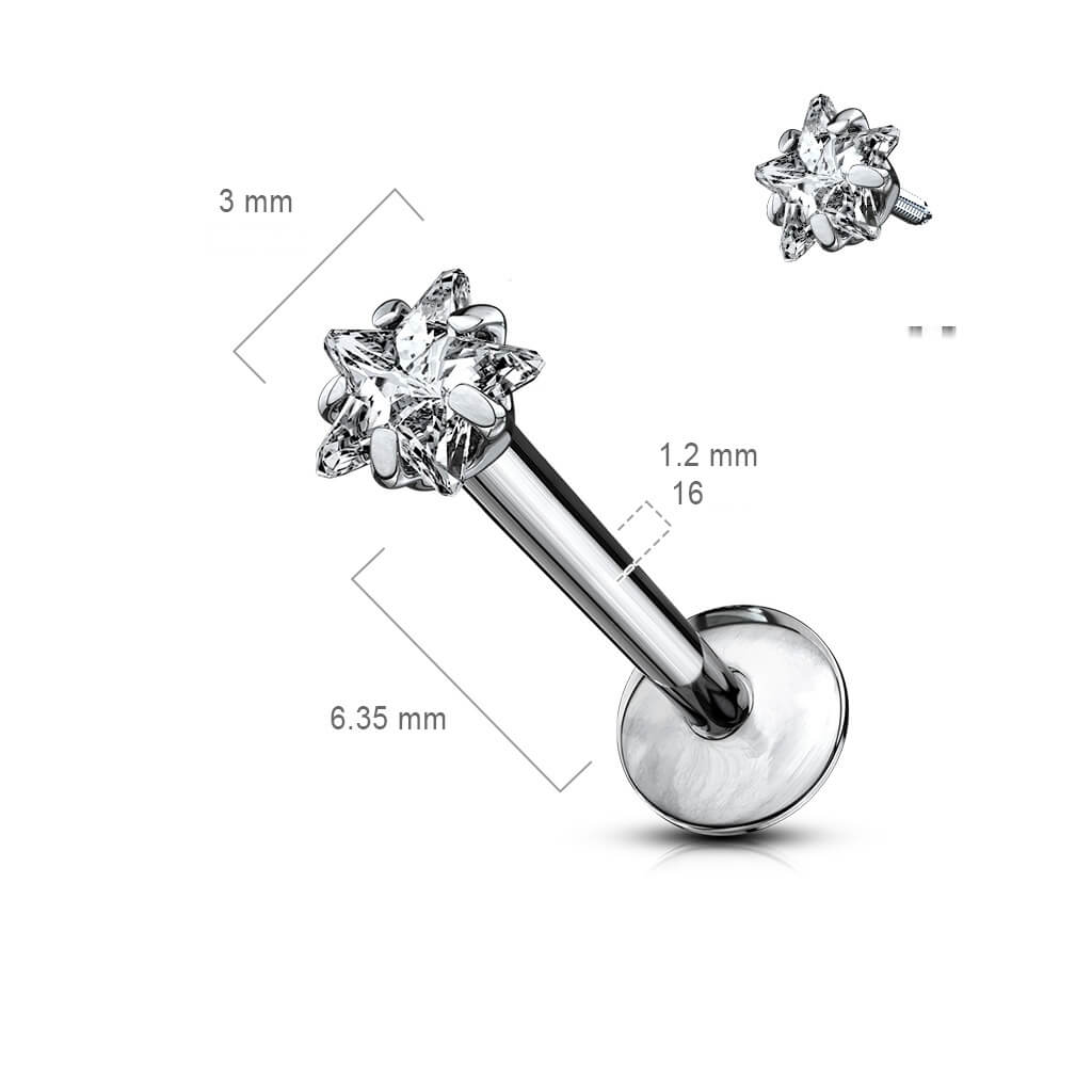 Titanium Labret Star Zirconia Silver Internally Threaded