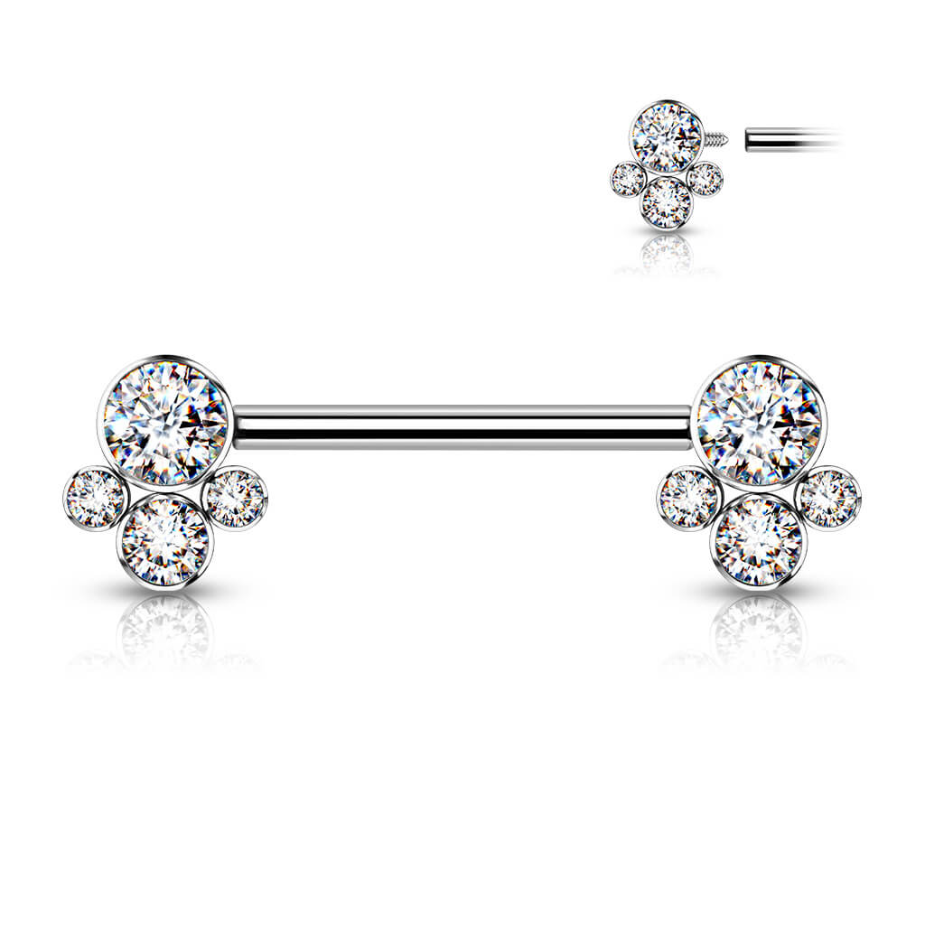 Titanio Piercing Capezzolo Argento con 4 zirconi Filettatura Interna