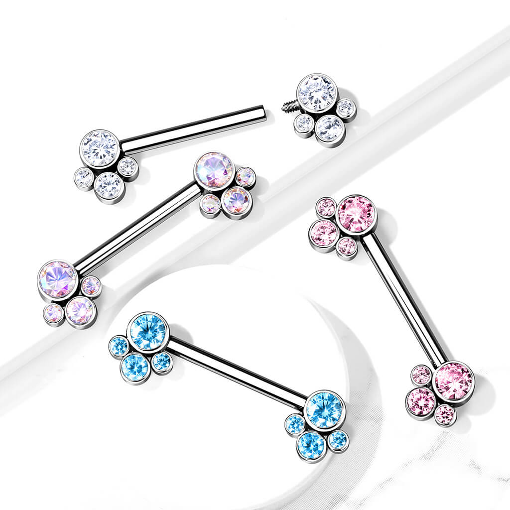 Titanio Piercing Capezzolo Argento con 4 zirconi Filettatura Interna