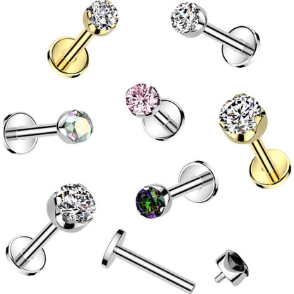 Titanium Labret round zirconia prong setting Internally Threaded