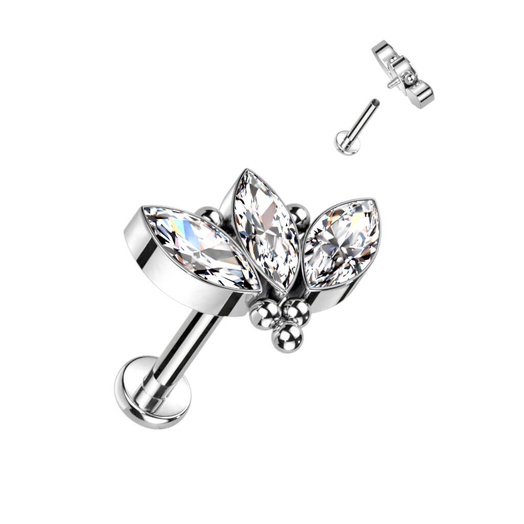 Titane Labret 3 Marquises Zircone Argent Filetage Interne