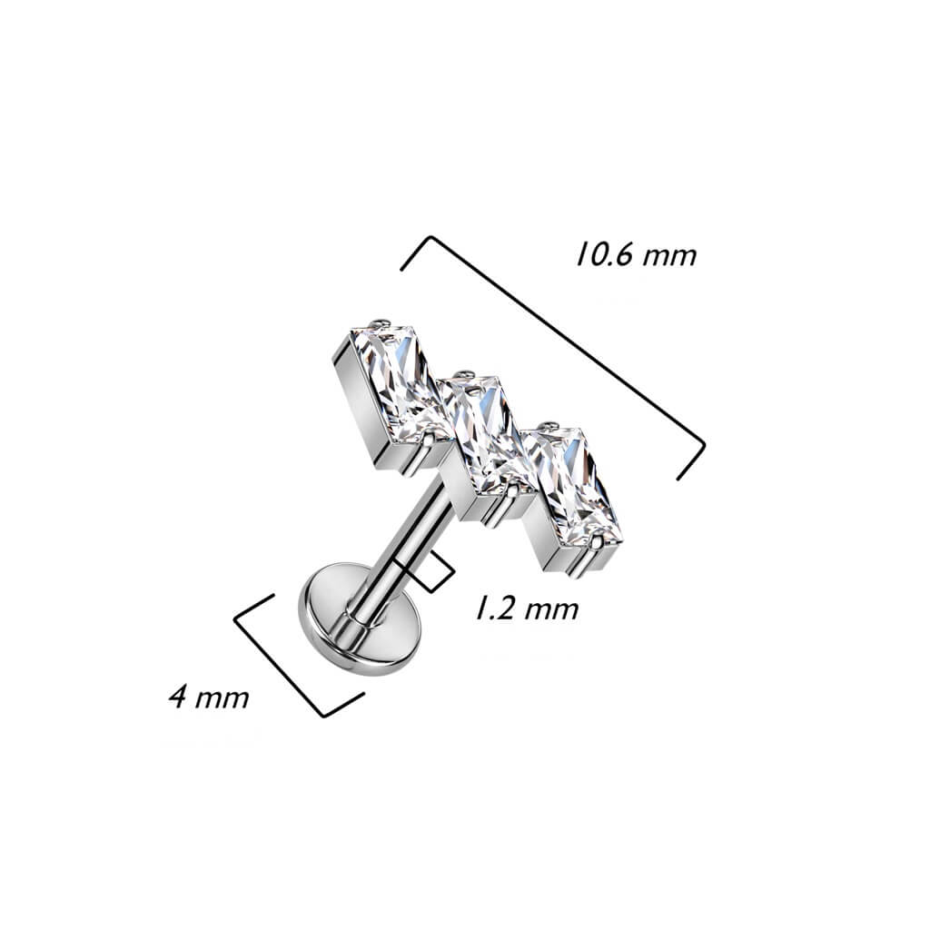 Titane Labret Baguette 3 Zircones Filetage Interne