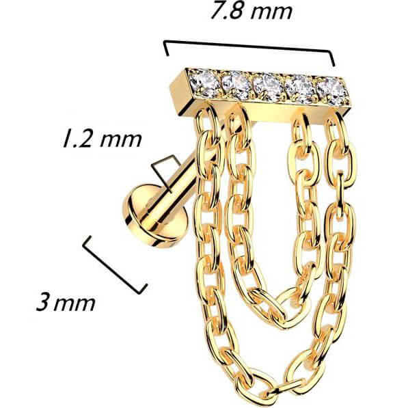 Titanium Labret Bar Chain dangle Zirconia Internally Threaded