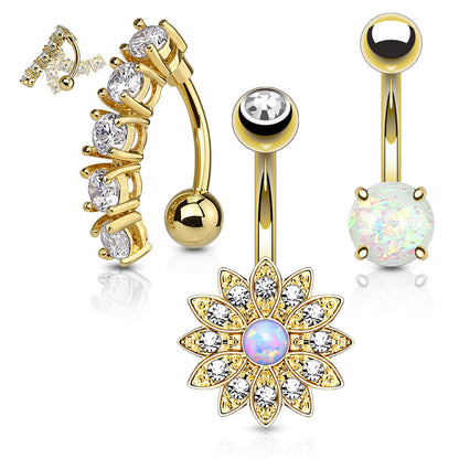 Belly Button Piercing Set Zirconia Opal Gold