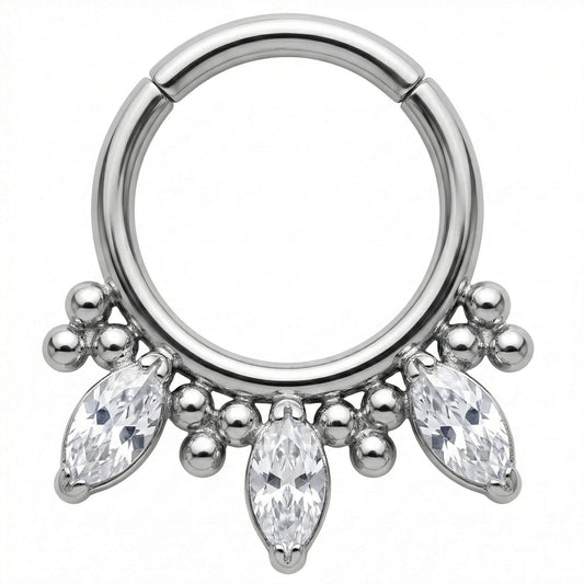 Titanium Ring Triple Marquise Beaded Crown Clicker