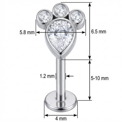 Titanium Labret Sparkling Crystal Paw Print Internally Threaded