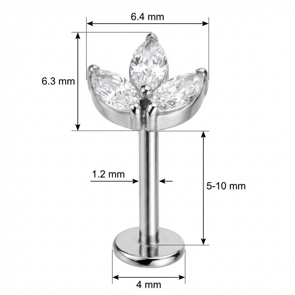 Titanium Labret Three Marquise Crystal Petals Internally Threaded