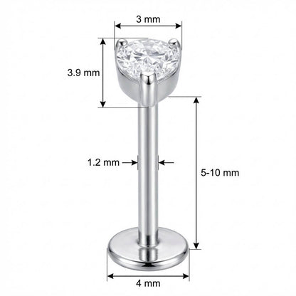 Titanium Labret Teardrop Shaped Zirconia Internally Threaded